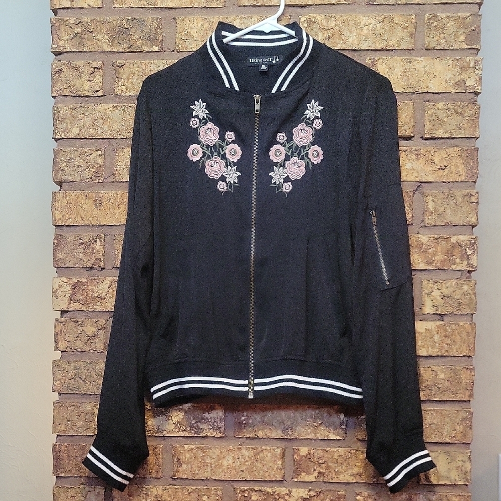 Living Doll Black Bomber Jacket With Embroidered Floral Design Size XL